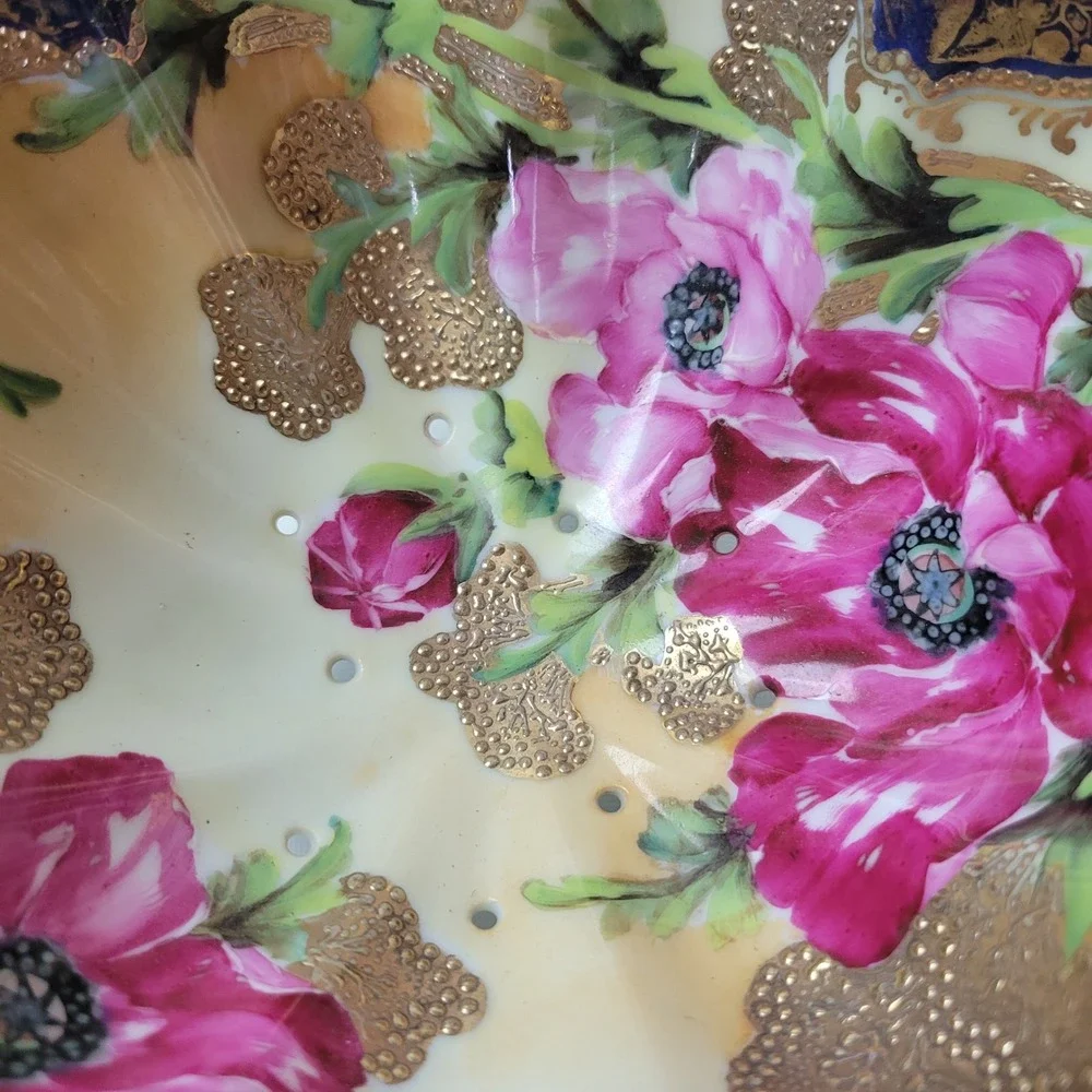 Antique Nippon Berry Strainer Bowl Cobalt Gold Moriage Hand Painted Poppies